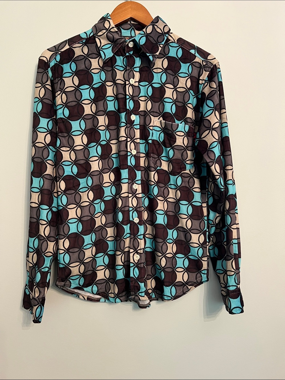 Men’s 70s-style Casual Button-Down Shirt in Teal, Brown & Cream